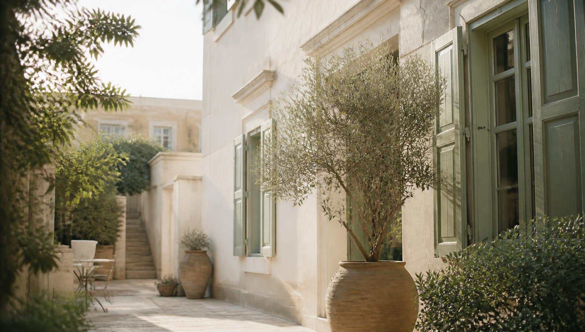 Sunlit Athens courtyard with olive trees and green shutters